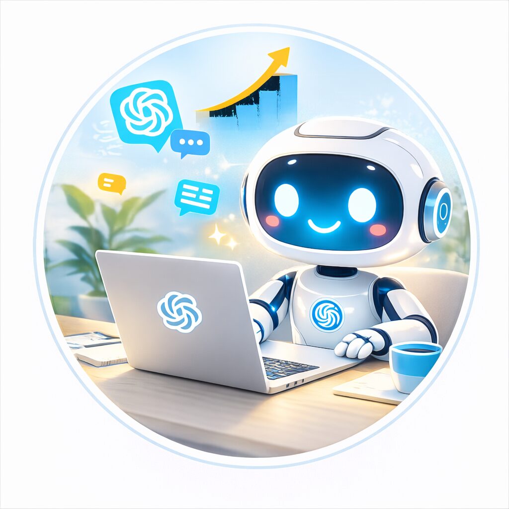 ChatGPTやAIツールを活用してブログ運営や副業を行うイメージのロボットアイコン