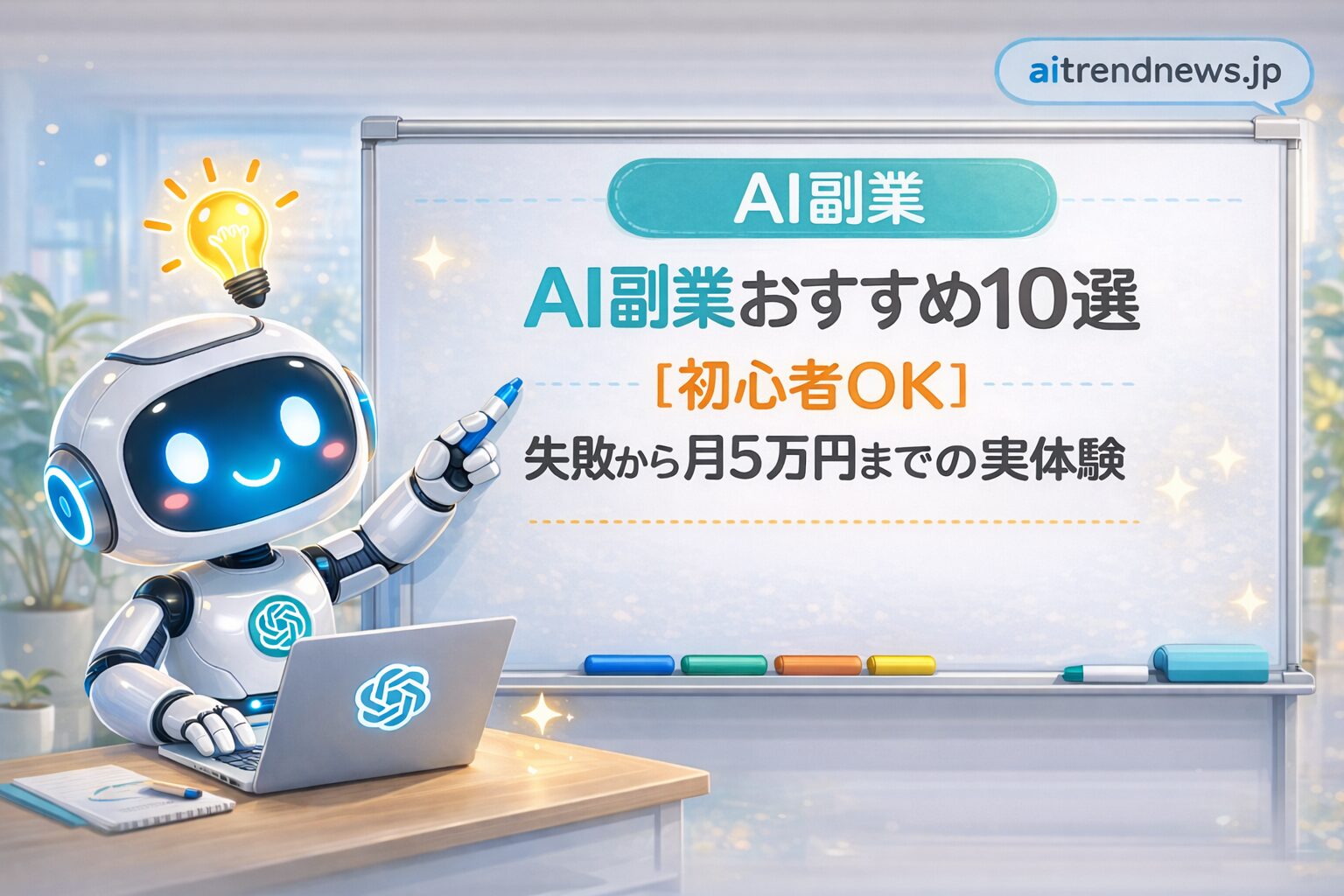AI副業おすすめ10選【初心者OK】失敗から月5万円までの実体験を解説する記事のアイキャッチ画像（ロボットがホワイトボードを指している）