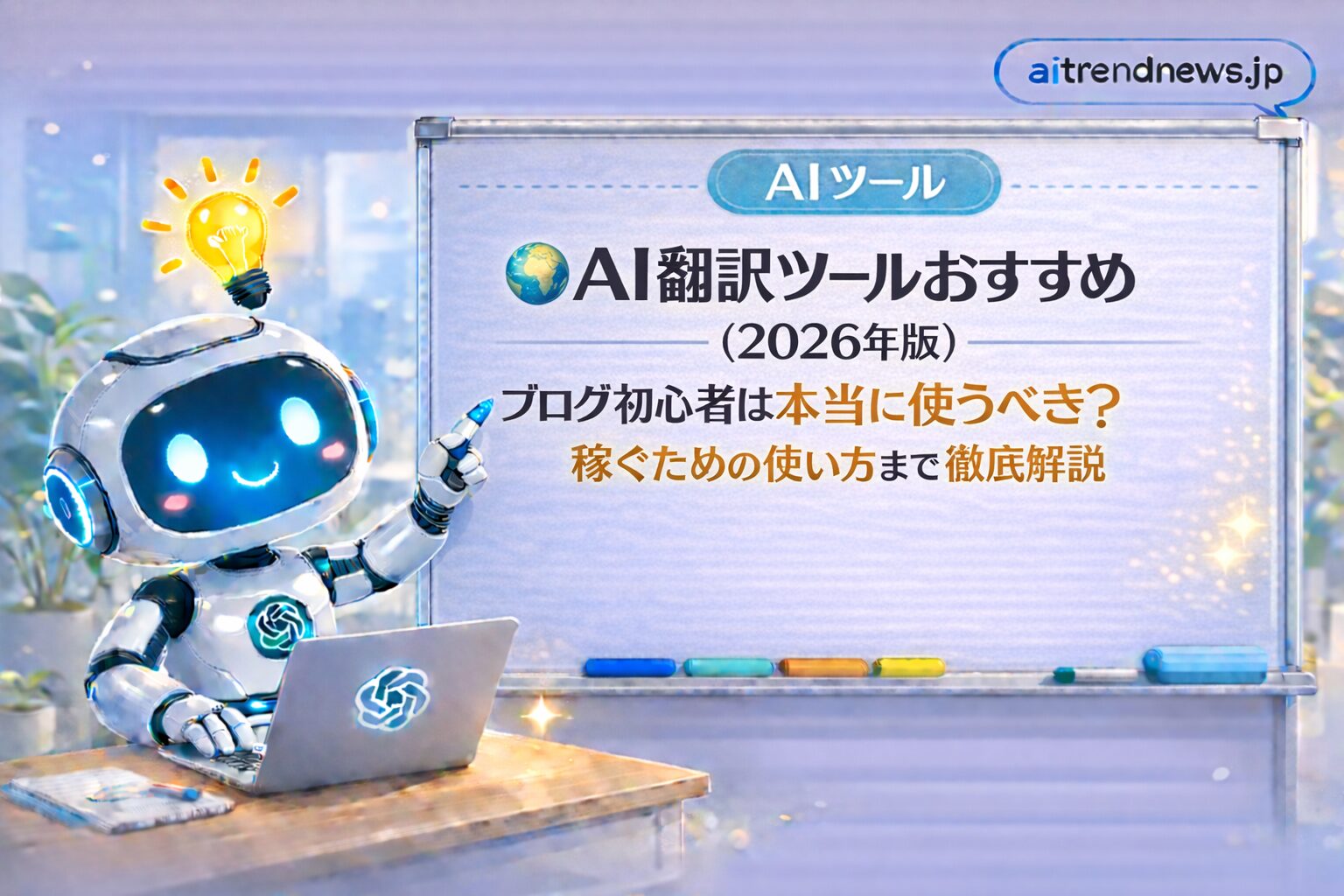AI翻訳ツールの使い方を解説するロボットとホワイトボードのイラスト