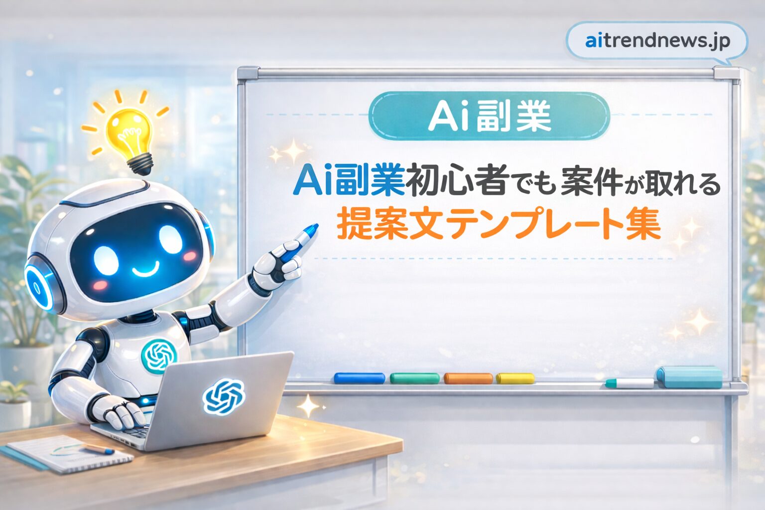 ノートPCを操作するかわいいロボットがホワイトボードを指し示し、「AI副業 初心者でも案件が取れる提案文テンプレート集」と書かれた説明用イラスト。背景は明るいオフィス風で、アイデアを象徴する電球アイコンも描かれている。
