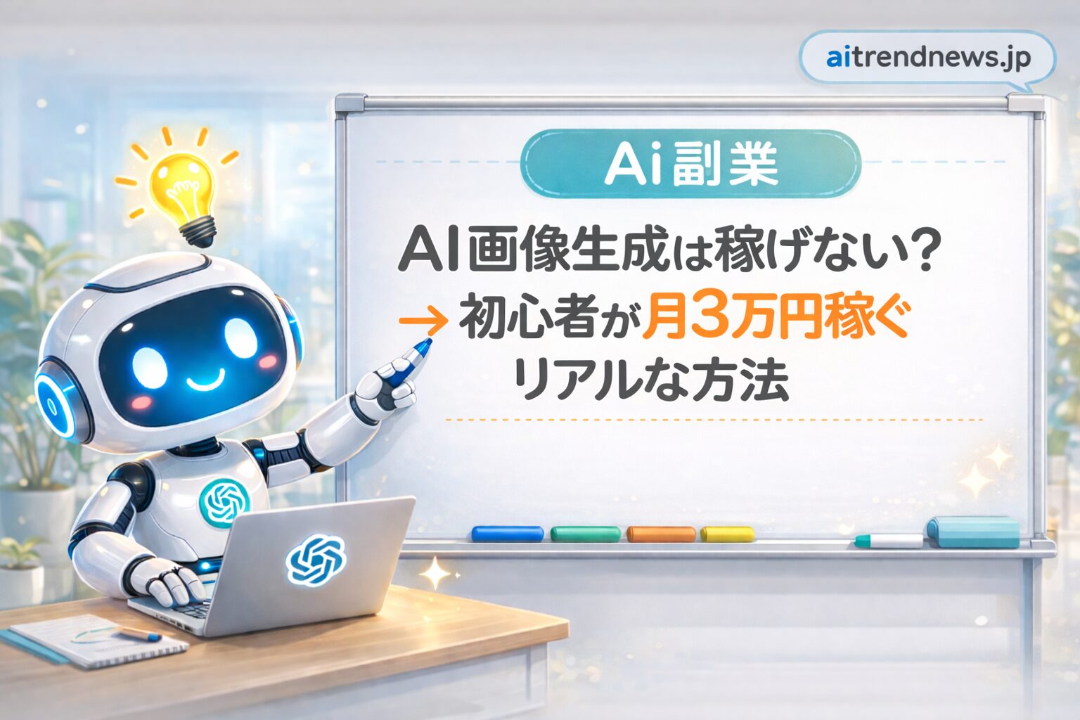 AI画像生成は稼げない？初心者が月3万円稼ぐリアルな方法を解説する記事のアイキャッチ画像（ロボットがホワイトボードを指している）