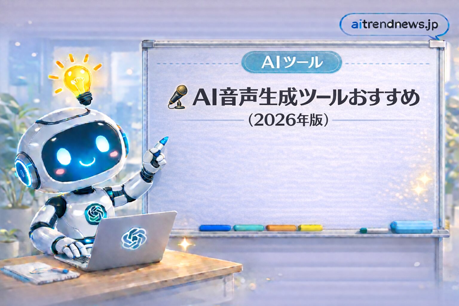 AI音声生成ツールおすすめ2026年版｜初心者でも使える音声読み上げツールを解説するロボットのイラスト