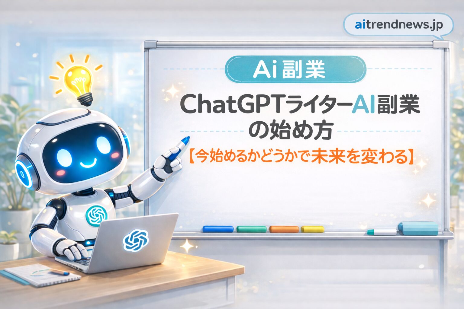 ChatGPTライターAI副業の始め方をテーマに、ロボットがホワイトボードを指しながら「今始めるかどうかで未来が変わる」と説明しているイメージイラスト