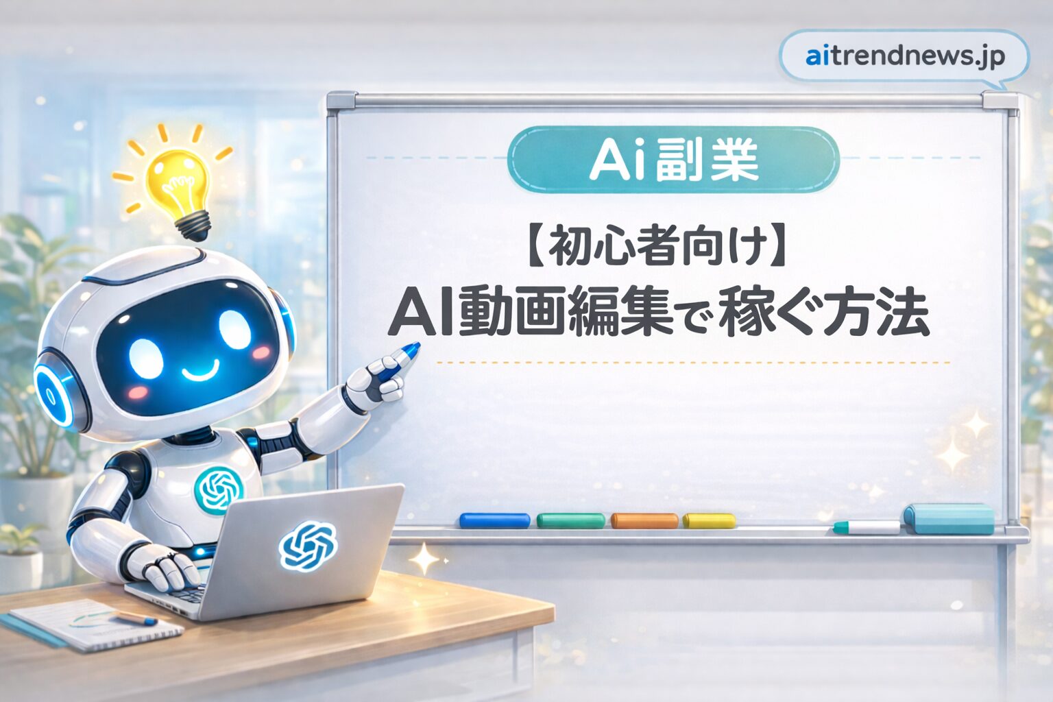 【初心者向け】AI動画編集で稼ぐ方法を解説する記事のアイキャッチ画像（ロボットがホワイトボードを指している）