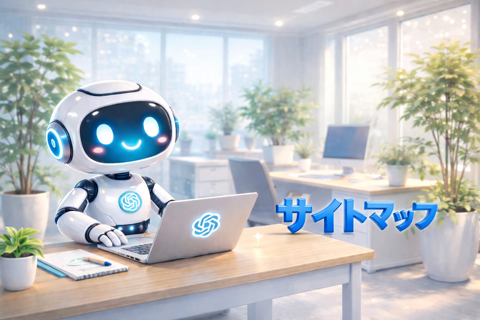 サイトマップの構造や役割をイメージした立体的な青文字とAIロボットがパソコンで作業するイラスト