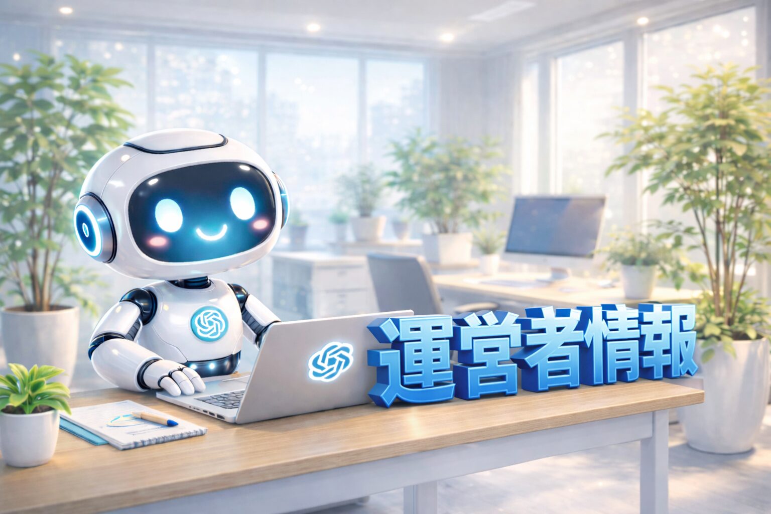 AIロボットがパソコンで作業する明るいオフィス風景に、右側へ立体的な青色の「運営者情報」テキストを配置したビジュアル｜AI・ChatGPT関連サイトの運営者情報ページ用アイキャッチ画像