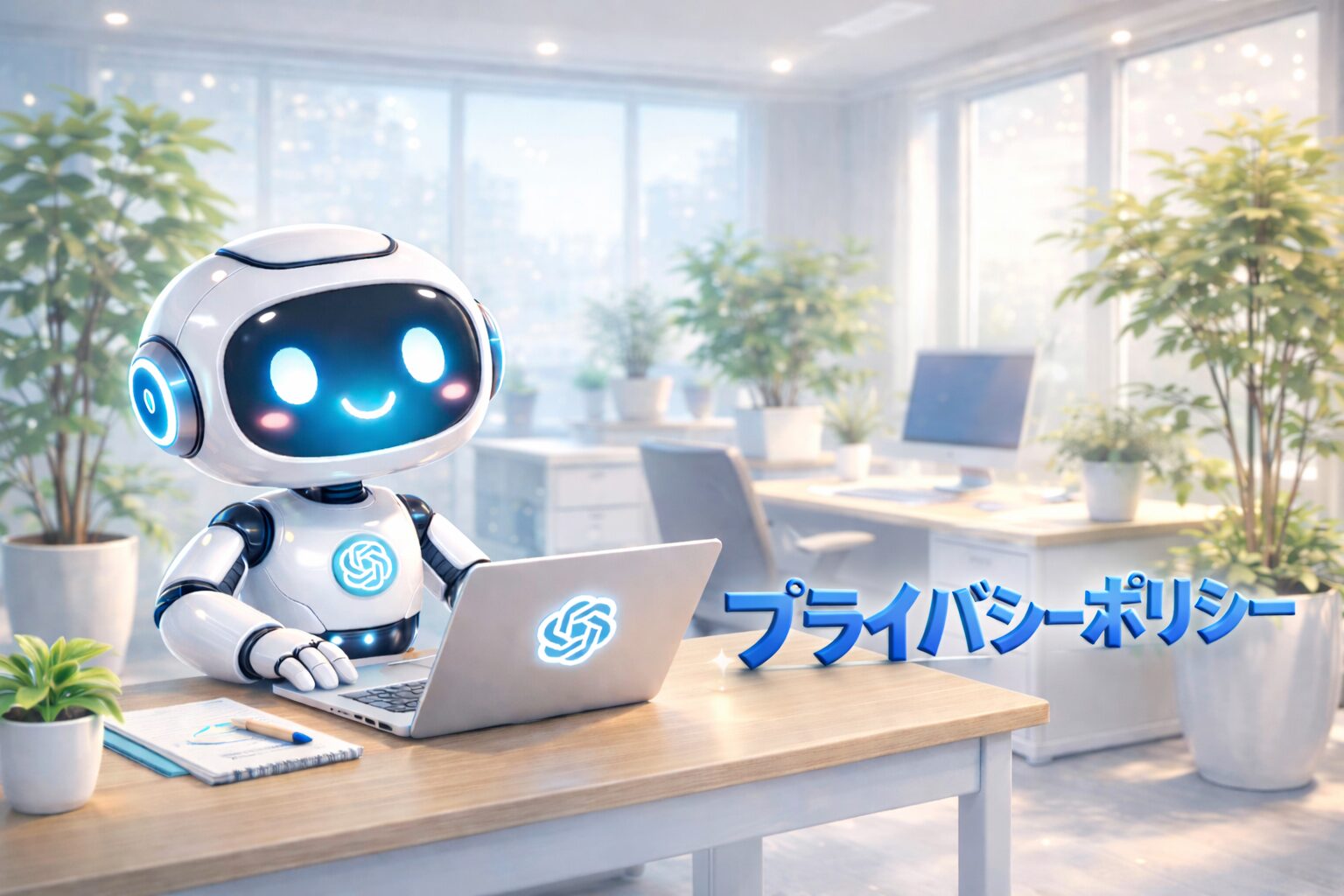 プライバシーポリシーの内容や役割をイメージした立体的な青文字とAIロボットがデスクで作業するイラスト
