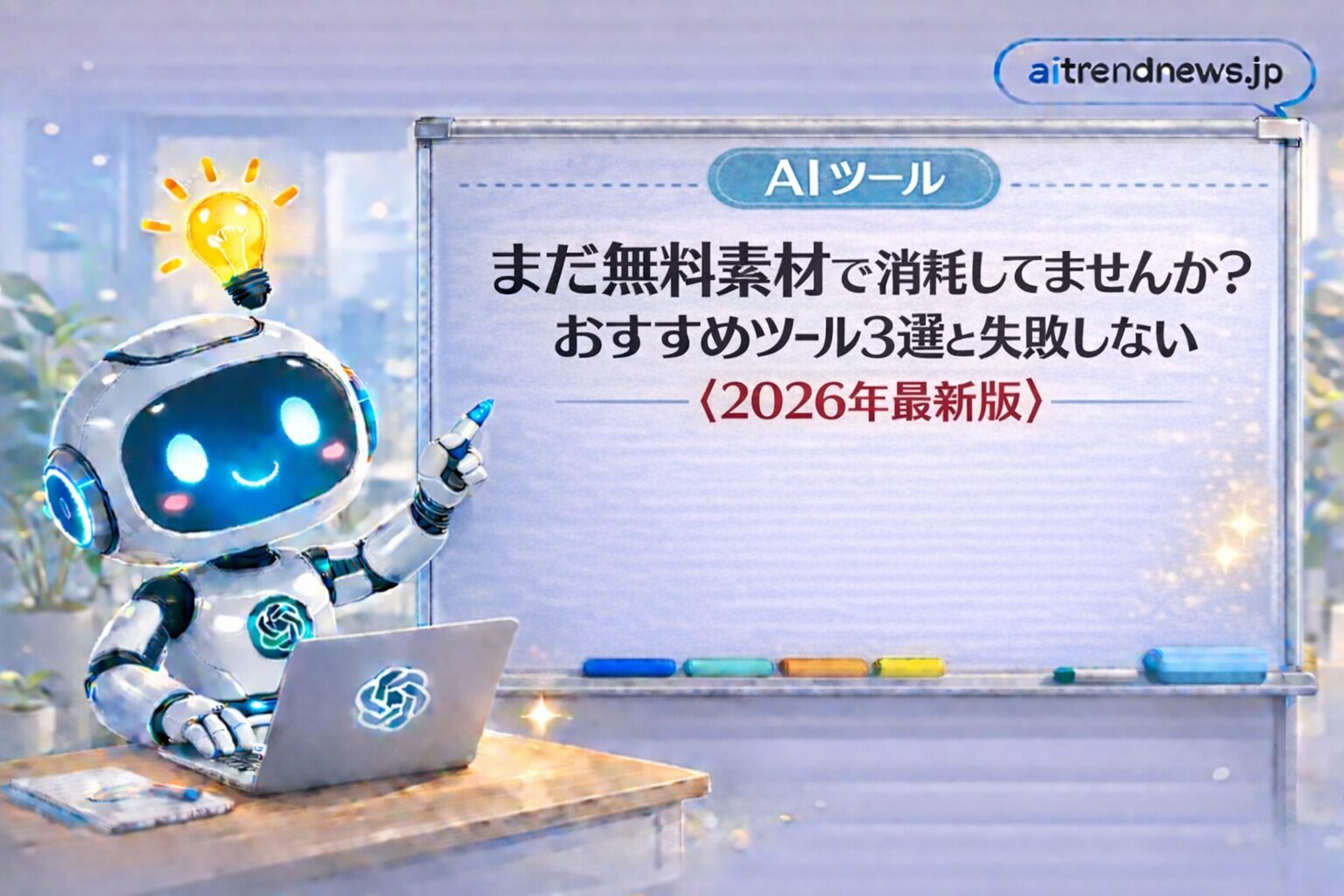 AI音声生成ツールおすすめ2026年版を解説するロボットとホワイトボードのアイキャッチ画像