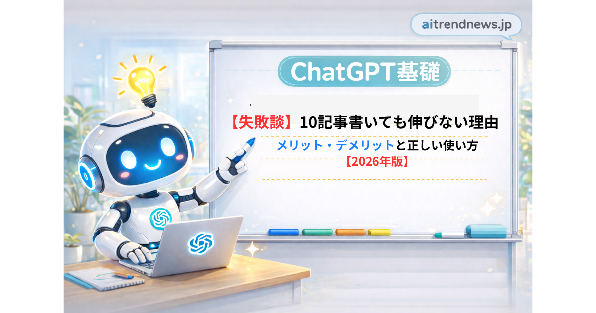 ChatGPTで記事を書いても伸びない理由を解説するAIロボットのイラスト｜ホワイトボードに「【失敗談】ChatGPTで10記事書いても伸びない理由｜メリット・デメリット」と表示されたブログ用アイキャッチ画像