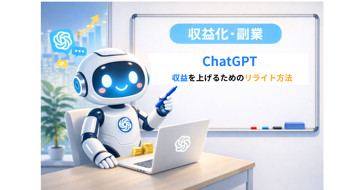 ChatGPTを使ってブログ収益を上げるためのリライト方法を解説するホワイトボードとロボットのイラスト