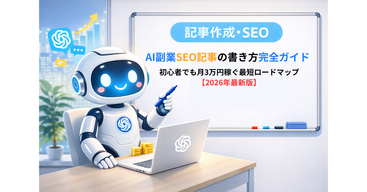 AIブログ運営の始め方を解説するロボットとホワイトボードのイメージ｜収益化・副業までのロードマップ【2026年最新版】