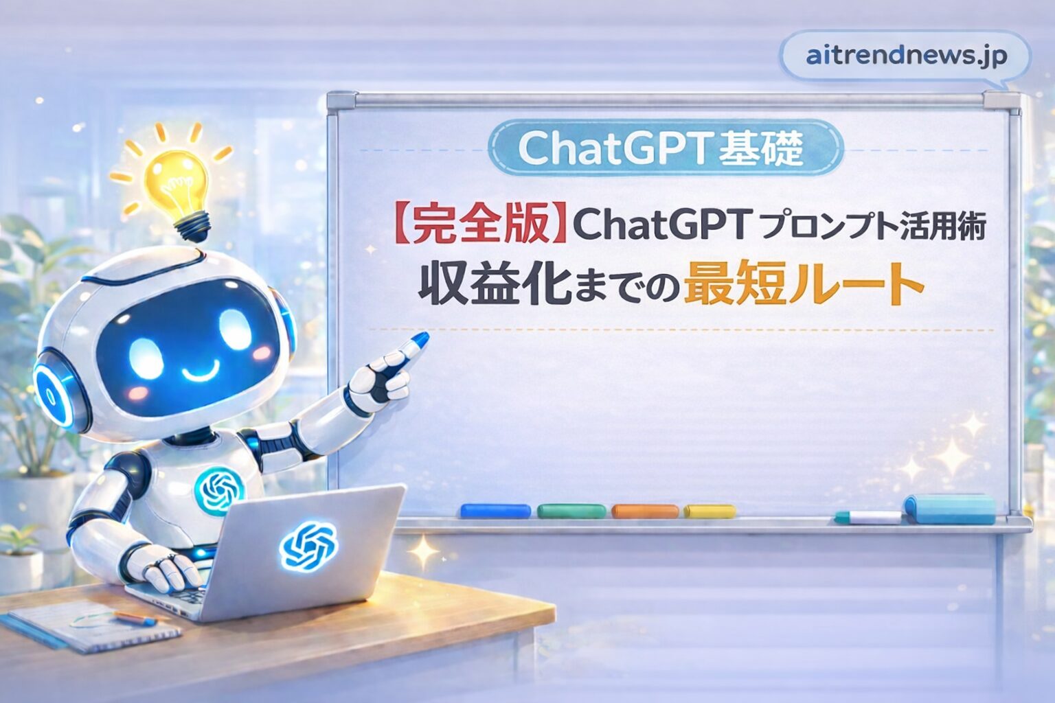 ChatGPTプロンプト活用術を解説するAIロボットのイラスト｜ホワイトボードに「【完全版】ChatGPTプロンプト活用術｜収益化までの最短ルート」と表示されたブログ用アイキャッチ画像