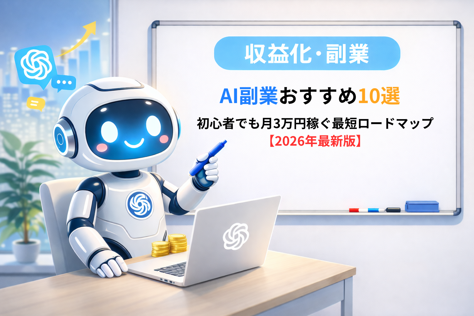 ノートPCを操作する可愛いAIロボットがホワイトボードを指差し、「AI副業おすすめ10選」「初心者でも月3万円稼ぐ最短ロードマップ【2026年最新版】」と書かれた収益化・副業テーマのアイキャッチ画像