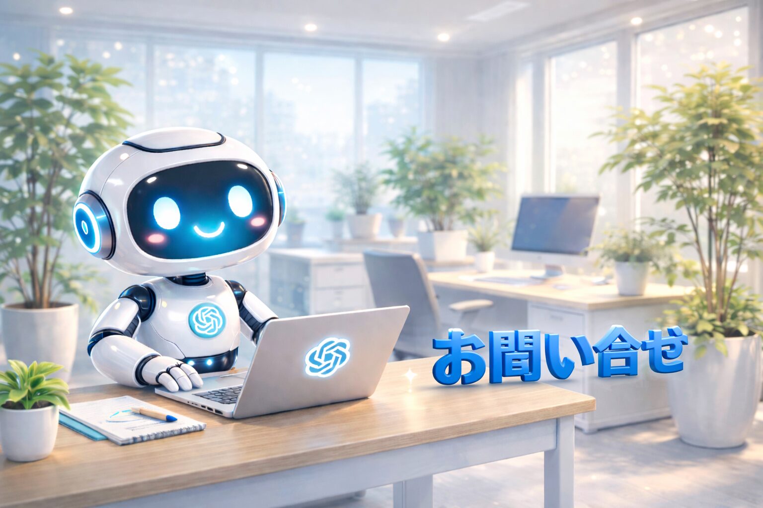お問い合わせページをイメージした立体的な青文字とAIロボットがデスクで作業するイラスト