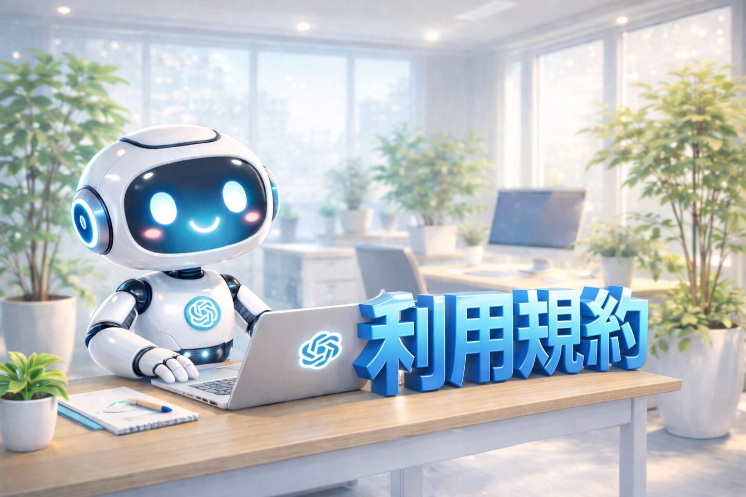 AIロボットがパソコンで作業する近未来オフィスのイメージに、右側へ立体的な青色の「利用規約」テキストを配置したビジュアル｜AI・ChatGPT関連サイトの利用規約ページ用アイキャッチ画像