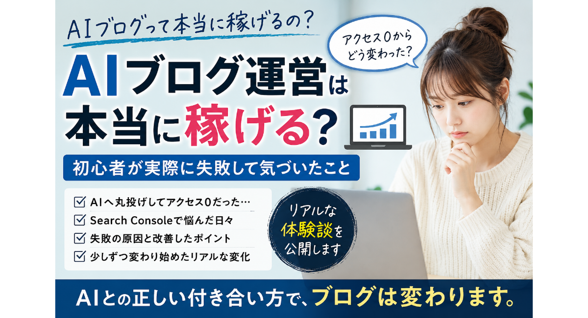AIブログ運営のリアルな体験談をテーマにしたX用アイキャッチ画像。アクセス0やSearch Consoleの悩み、AIへの丸投げ失敗から改善して変化していく過程を表現し、初心者向けにAIブログ運営の現実と可能性を伝える2026年版デザイン