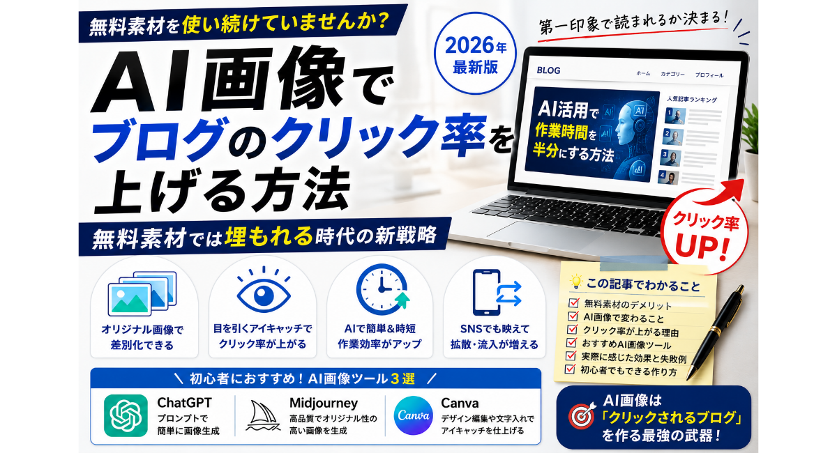 AI画像を使ってブログのクリック率を上げる方法を解説するアイキャッチ画像。無料素材では埋もれる時代に、AI画像でオリジナル感・SNS映え・クリック率改善を実現する戦略を、PC・ブログ画面・AIイラスト・SNSアイコンとともに表現した2026年版デザイン