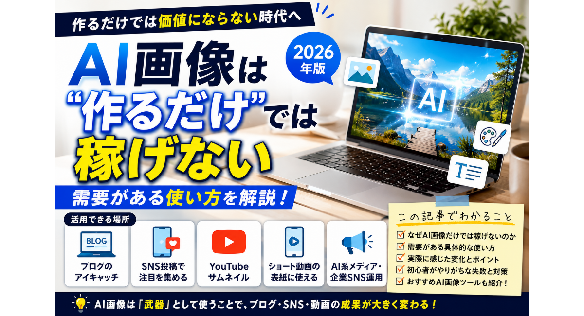 AI画像は作るだけでは稼げない理由と、ブログ・SNS・YouTubeサムネイルなど需要がある使い方を解説するアイキャッチ画像。AI画像を「武器」として活用し、クリック率やSNS反応を改善する戦略を、PC・スマホ・SNSアイコンとともに表現した2026年版デザイン