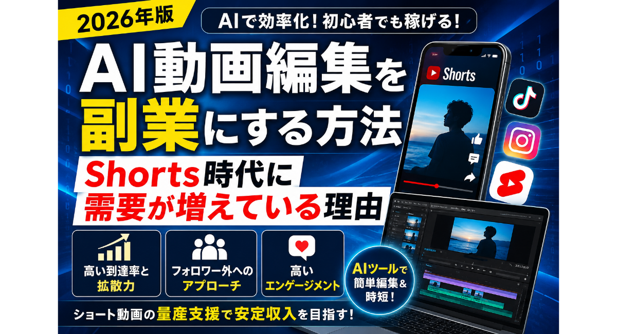AI動画編集を副業にする方法と、Shorts時代にショート動画量産支援の需要が増えている理由を解説するアイキャッチ画像。YouTube Shorts・TikTok・Instagramリールを活用し、高い到達率・拡散力・フォロワー外へのアプローチを表現した2026年版デザイン