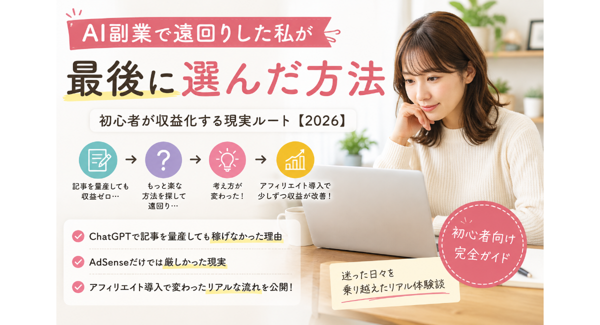AI副業で遠回りしながらも、ChatGPTを使った記事量産やアフィリエイト導入を通して収益化の現実に気づいていく初心者女性を表現したブログ用アイキャッチ画像。AdSenseだけでは厳しかった体験や、積み上がる副業としてブログ運営へ再挑戦したリアルな流れを描いた2026年版デザイン