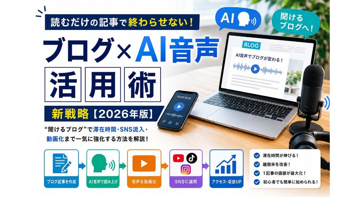 ブログ×AI音声活用術を解説するアイキャッチ画像。AI音声を使って“聞けるブログ”へ進化させ、滞在時間・SNS流入・動画化・収益化まで広げる新時代のコンテンツ戦略を、マイク・PC・スマホ・SNSアイコンと共に表現した2026年版デザイン
