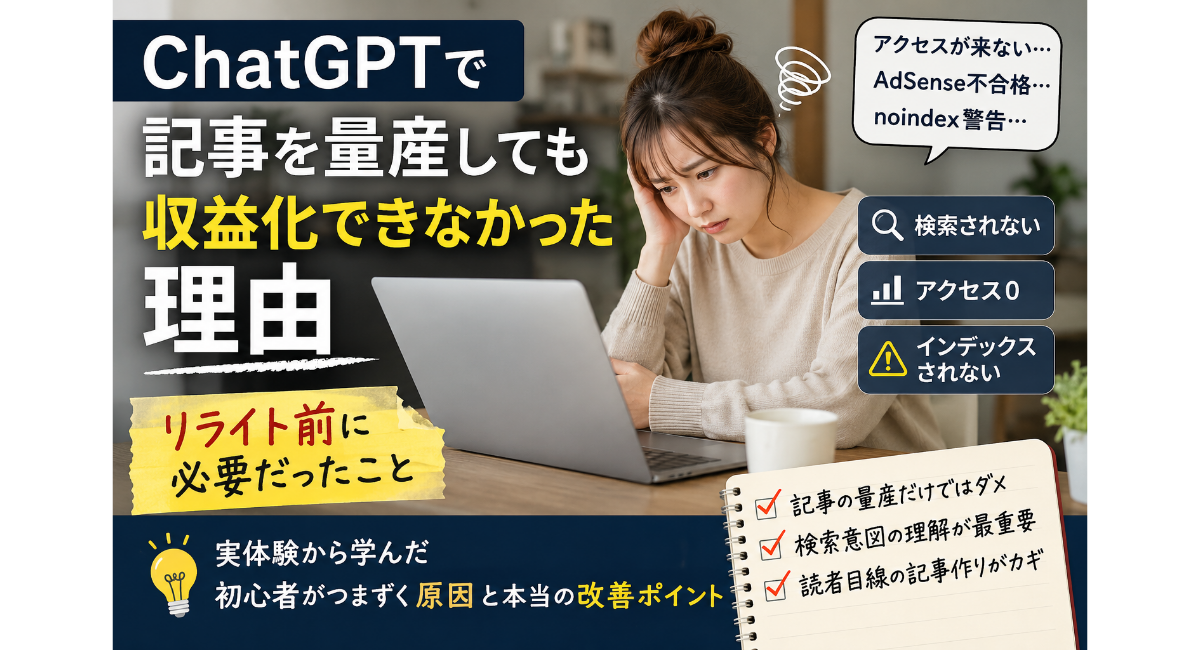 ChatGPTで記事を量産しても収益化できず、AdSense不合格やnoindex警告、アクセス0に悩んだ初心者のリアルな体験を表現したX用アイキャッチ画像。検索意図や読者目線の重要性に気づき、リライト前に必要だった「記事の土台」を学んでいく2026年版デザイン