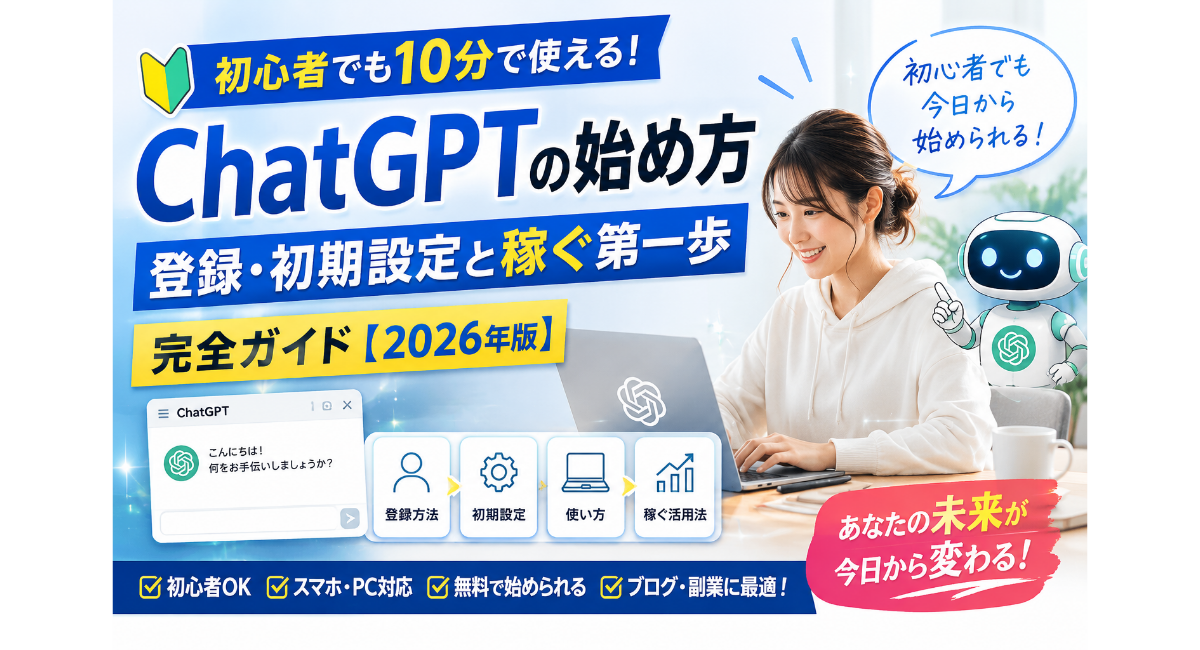ChatGPTの始め方を初心者向けに解説する画像。登録方法・初期設定・使い方・稼ぐ第一歩をわかりやすく紹介した2026年版ガイド