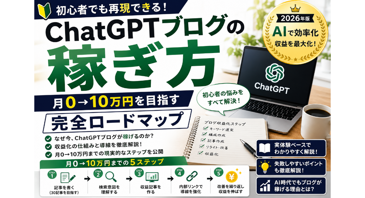 ChatGPTブログの稼ぎ方を初心者向けに解説するアイキャッチ画像。AIを活用して月0→10万円を目指す現実的なロードマップ、収益化の流れ、内部リンク戦略、ブログ副業の始め方をわかりやすく紹介する2026年版ガイド