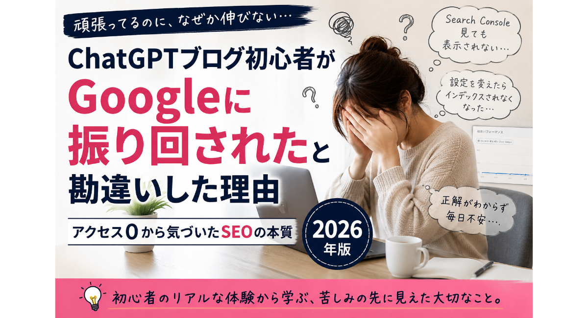 ChatGPTブログ初心者がSEOやSearch Consoleに悩み、Googleに振り回されていると感じていたリアルな体験を表現したX用アイキャッチ画像。アクセス0やインデックス問題、SEO設定の不安を抱えながら、SEOの本質に気づいていく2026年版デザイン
