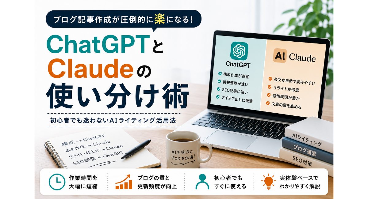 ChatGPTとClaudeの使い分けを初心者向けに解説するブログ用アイキャッチ画像。ChatGPTは構成作成やSEO整理、Claudeは長文作成やリライトに活用する実践的なAIライティング運用術を、ブログ作業風景とともにわかりやすく表現した2026年版デザイン