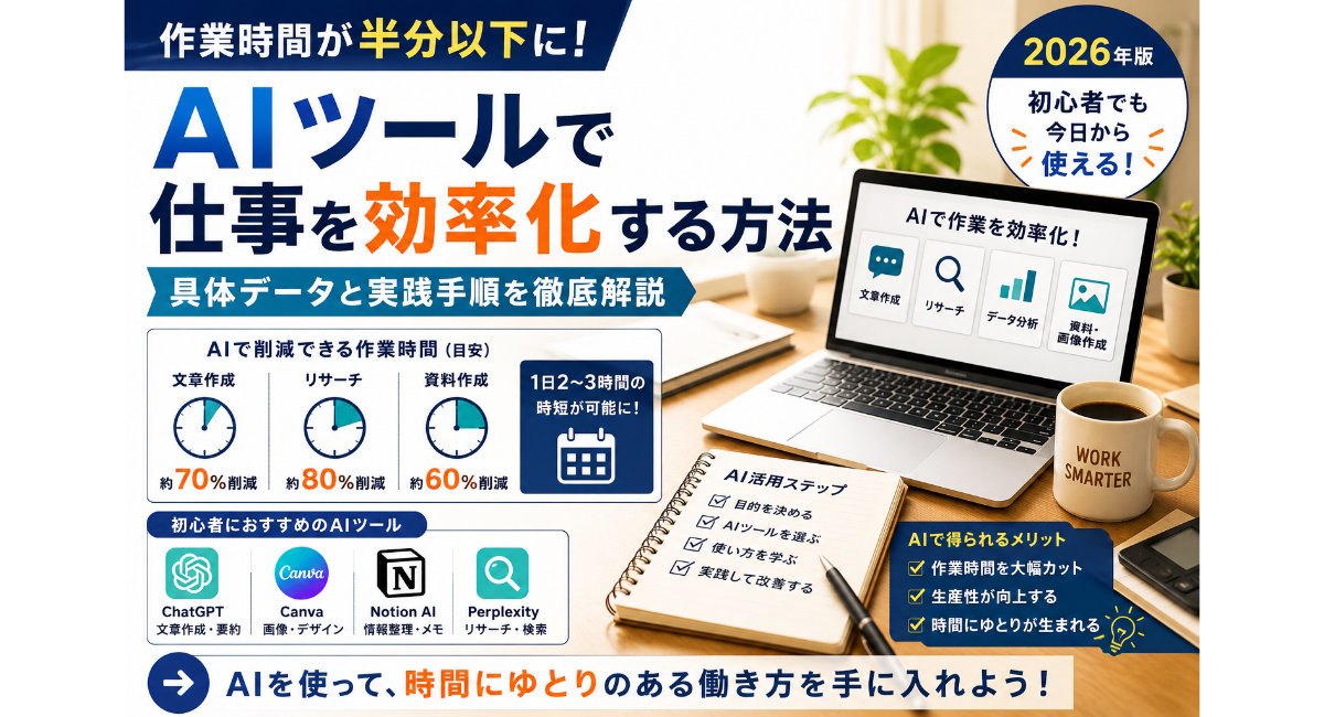 AIツールで仕事を効率化する方法を初心者向けに解説する正方形アイキャッチ画像。ChatGPTやCanvaなどのAIツールを活用し、作業時間を半分以下に短縮する具体手順、時短効果、実践ロードマップをわかりやすく紹介する2026年版ガイド