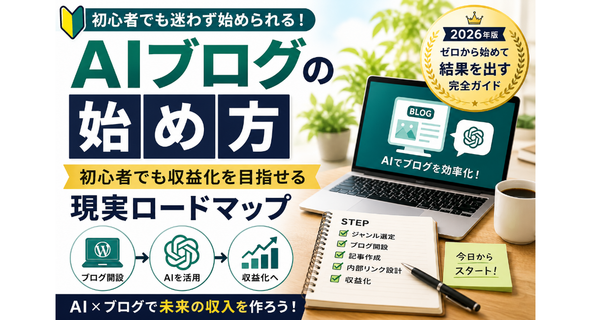 AIブログの始め方を初心者向けにわかりやすく解説する正方形アイキャッチ画像。ChatGPTやWordPressを活用しながら収益化を目指す現実ロードマップ、内部リンク戦略、ブログ運営の流れを実体験ベースで紹介する2026年版ガイド
