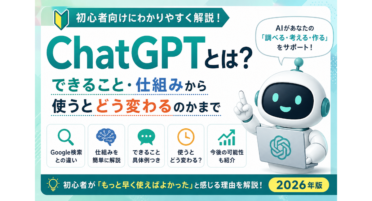 ChatGPTとは何かを初心者向けにわかりやすく解説する正方形アイキャッチ画像。Google検索との違い、できること、仕組み、使うとどう変わるのかを実体験ベースで紹介する2026年版ガイド
