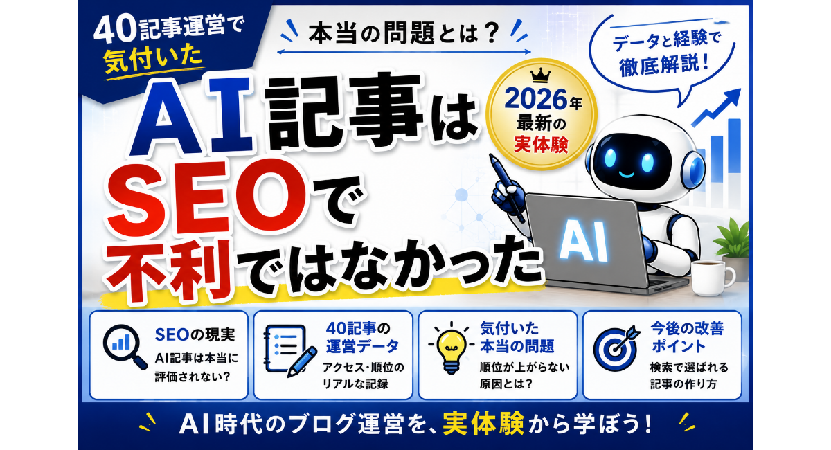 AI記事はSEOで不利ではなかったという実体験を解説するアイキャッチ画像。大きな文字で「AI記事はSEOで不利ではなかった」を強調し、40記事以上のブログ運営で気付いた本当の問題を紹介。AIロボットやSEO分析グラフ、検索順位のイメージを配置し、AI記事とGoogle評価の関係、アクセスが伸びない原因、改善ポイントを初心者にもわかりやすく解説するデザイン。