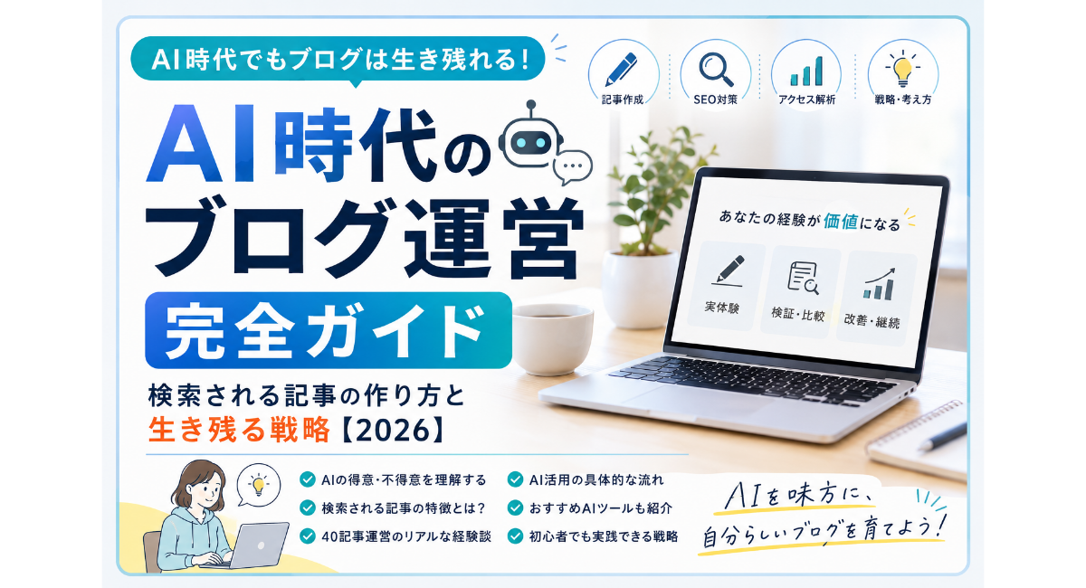 AI時代のブログ運営完全ガイドをテーマにした2026年版のアイキャッチ画像。ノートパソコンとAIロボットのイメージを背景に、検索される記事の作り方や個人ブログが生き残る戦略を解説。SEO対策、アクセス解析、記事作成、AI活用、40記事運営の実体験などを初心者向けにわかりやすく紹介しているデザイン。
