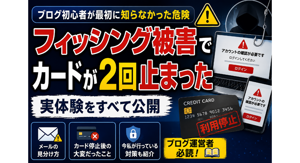 ブログ初心者がフィッシング詐欺の被害に遭い、クレジットカードが2回利用停止になった実体験を解説する2026年版のアイキャッチ画像。怪しいメール、偽ログイン画面、利用停止になったカード、警告マークなどを配置し、カード停止後の対応やセキュリティ対策の重要性を初心者向けに注意喚起するデザイン。