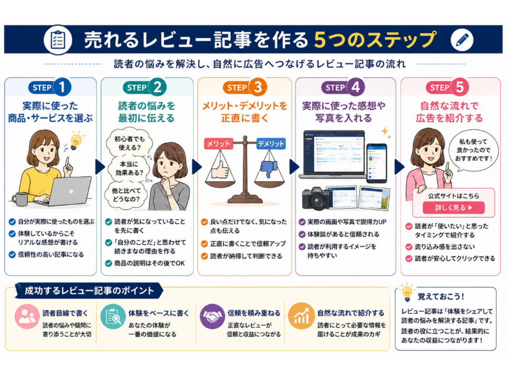 売れるレビュー記事を作る5つのステップをまとめた図解。実際に使った商品・サービスを選ぶ、読者の悩みを最初に伝える、メリット・デメリットを正直に書く、体験談や画像を掲載する、自然な流れで広告を紹介する方法を初心者向けにわかりやすく解説した図。