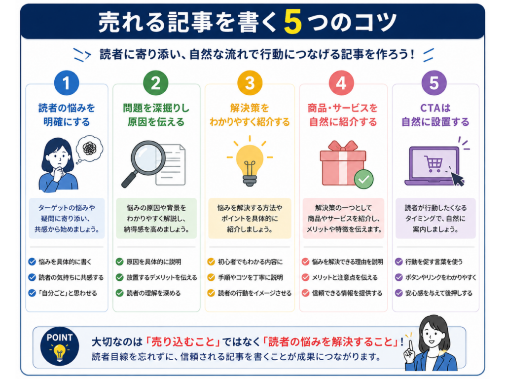 AI副業・収益化シリーズ第13回「アフィリエイトで成果が出る記事構成テンプレート」の図解。売れる記事を書く5つのコツを、読者の悩みを明確にする・問題を深掘りする・解決策をわかりやすく紹介する・商品やサービスを自然に紹介する・CTAを自然に設置する流れで、初心者向けにわかりやすく解説したインフォグラフィック。