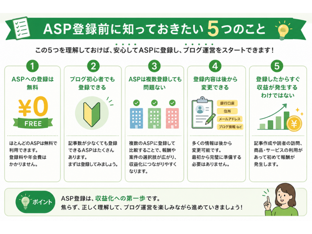 ASP登録前に知っておきたい5つのポイントを初心者向けにまとめたインフォグラフィック。ASP登録は無料であること、ブログ初心者でも登録できること、複数のASPへ登録して比較できること、登録情報は後から変更できること、登録しただけでは収益は発生しないことをわかりやすく解説した図。
