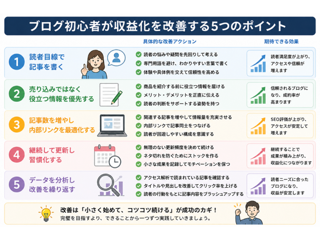 ブログ収益化を改善する5つのポイントを初心者向けに図解したインフォグラフィック。読者目線で記事を書く、売り込みより役立つ情報を優先する、記事数を増やして内部リンクを最適化する、継続して更新を習慣化する、データを分析して改善を繰り返すという5つの改善方法と、それぞれの期待できる効果をわかりやすく解説した図。