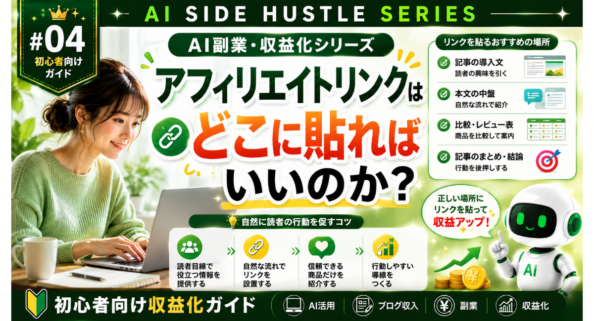 AI副業・収益化シリーズ第4弾「アフィリエイトリンクはどこに貼ればいいのか？」のアイキャッチ画像。左側にノートPCで作業する女性、中央に記事タイトル、右側にアフィリエイトリンクを貼るおすすめの場所（導入文・本文中盤・比較表・記事のまとめ）を図解で掲載し、初心者向けに自然なリンク設置と収益化のポイントをわかりやすく解説している。