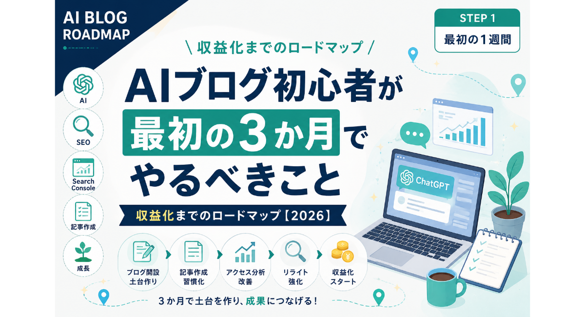 AIブログ初心者向けに、最初の3か月で取り組むべき内容を紹介したX用正方形画像。ブログ開設、記事作成、SEO、Search Console、リライト、収益化までのロードマップを、ノートPCやChatGPT、グラフのイラストとともにわかりやすく表現し、3か月後に目指す成長イメージを伝えるデザイン。