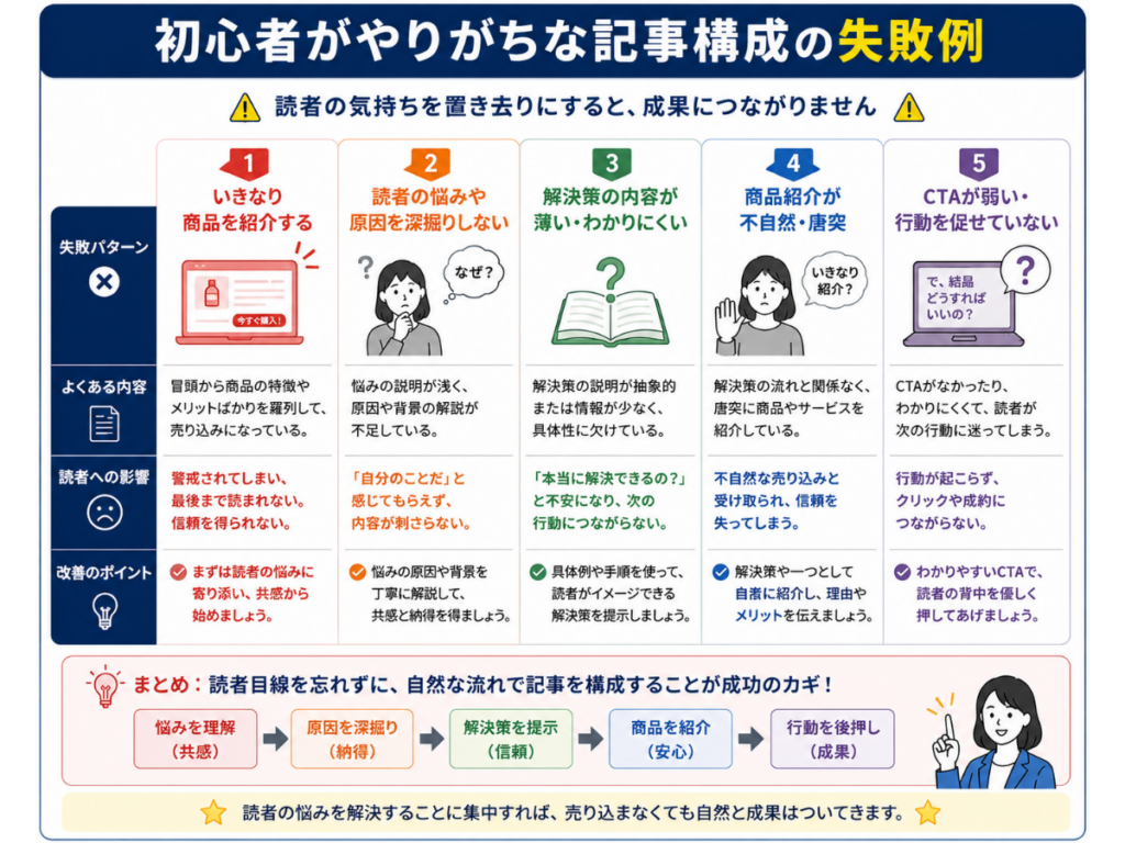 AI副業・収益化シリーズ第13回「アフィリエイトで成果が出る記事構成テンプレート」の図解。初心者がやりがちな記事構成の失敗例を、いきなり商品を紹介する・読者の悩みや原因を深掘りしない・解決策の内容が薄い・商品紹介が不自然・CTAが弱いの5つに分けて、改善ポイントとともに初心者向けにわかりやすく解説したインフォグラフィック。