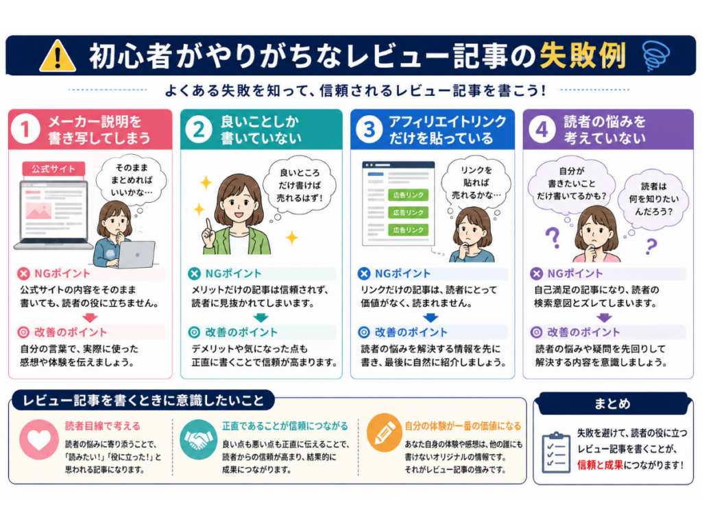 レビュー記事で初心者がやりがちな失敗例をまとめた図解。公式サイトの内容を書き写す、良いことだけを書く、アフィリエイトリンクだけを貼る、読者の悩みを考えていないといった失敗例と、その改善ポイントを初心者向けにわかりやすく解説した図。