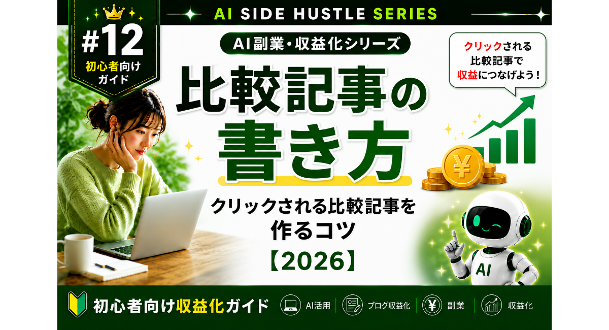 AI副業・収益化シリーズ第12回「比較記事の書き方」のアイキャッチ画像。クリックされる比較記事を作るコツをテーマに、比較記事のタイトルを大きく配置し、収益アップをイメージしたグラフやコイン、AIロボット、ノートPCで作業する人物を組み合わせた初心者向けのブログ用デザイン。