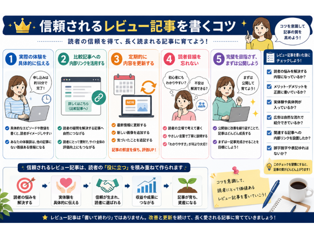 信頼されるレビュー記事を書くコツをまとめた図解。実際の体験を具体的に伝える、比較記事への内部リンクを活用する、定期的に内容を更新する、読者目線を忘れない、完璧を目指さず公開することなど、初心者が長く読まれるレビュー記事を作るためのポイントをわかりやすく解説した図。