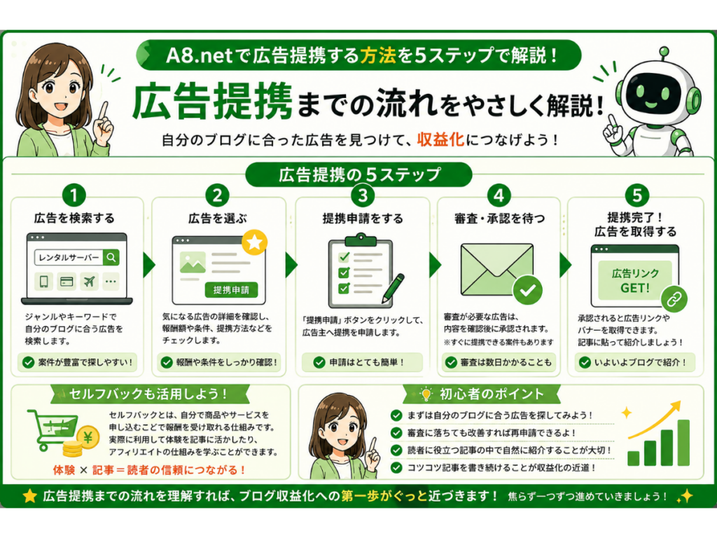 A8.netで広告提携を行う手順を初心者向けに5ステップで図解したインフォグラフィック。広告検索、案件選択、提携申請、審査・承認、広告リンク取得までの流れをわかりやすく解説し、セルフバックの活用方法や広告提携を成功させるポイントも紹介している。ブログ初心者がA8.netで収益化を始めるまでの流れを理解できる内容。