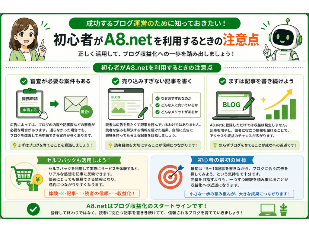 A8.netを利用する初心者向けの注意点を図解したインフォグラフィック。広告提携には審査が必要な案件があること、売り込みすぎない記事を書くこと、記事を書き続けることの重要性、セルフバックの活用方法、最初の目標をわかりやすく紹介し、A8.net登録後に収益化へ向けて実践すべきポイントをまとめている。