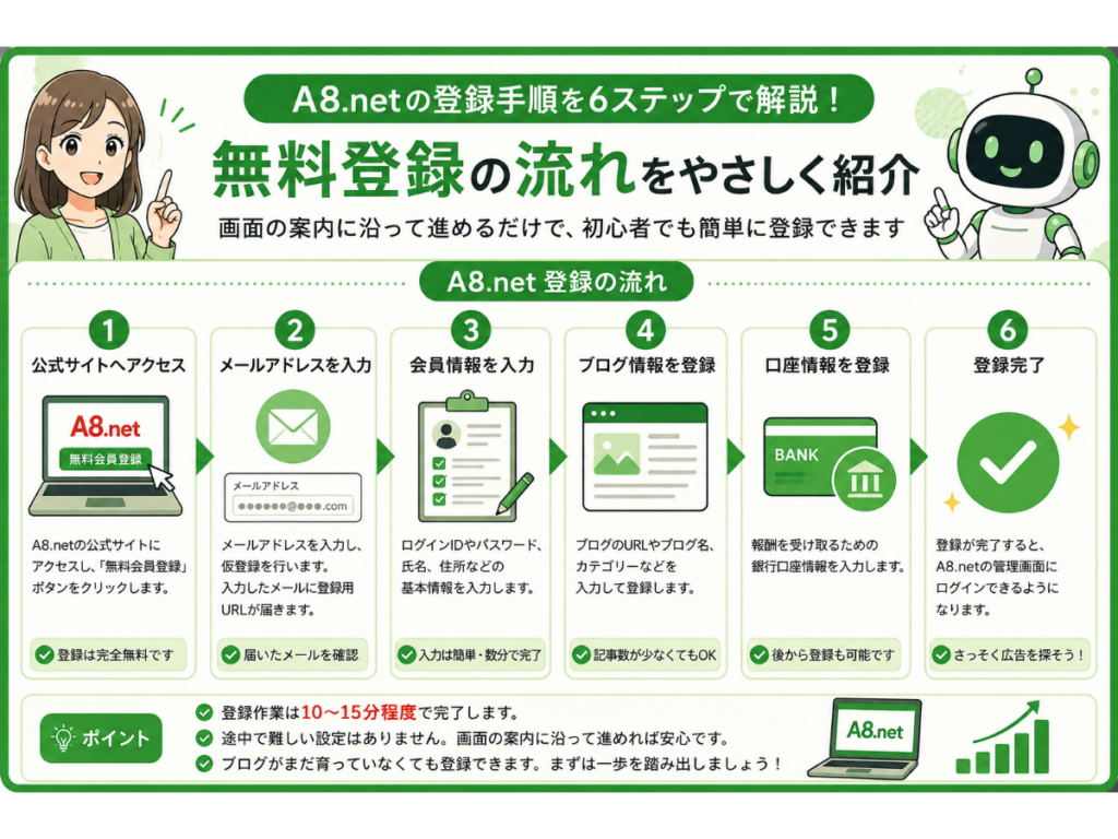 A8.netの無料会員登録の流れを初心者向けに6ステップで図解したインフォグラフィック。公式サイトへのアクセスからメールアドレス入力、会員情報の登録、ブログ情報の登録、銀行口座情報の登録、登録完了までの手順をわかりやすく解説し、初めてA8.netを利用する人でも安心して登録できるようにまとめている。