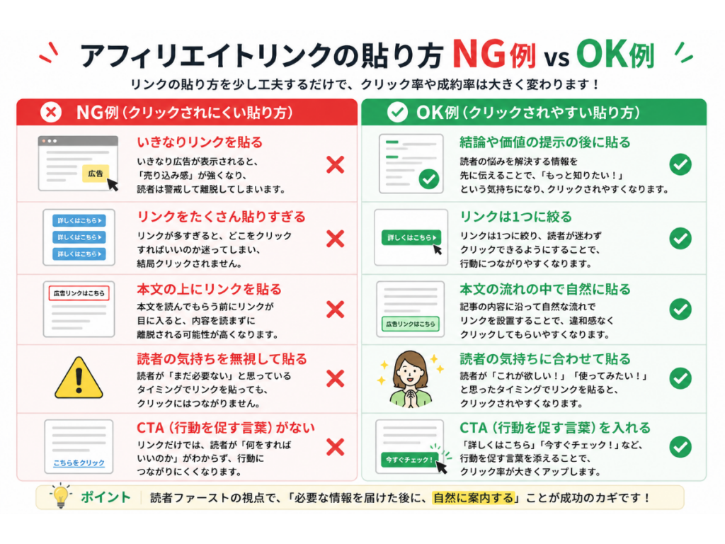 アフィリエイトリンクの貼り方のNG例とOK例を比較した図。冒頭への広告設置やリンクの貼りすぎなど避けるべき配置と、結論やレビューの後に自然にリンクを設置し、CTAを添える効果的な配置方法を比較して解説したインフォグラフィック。